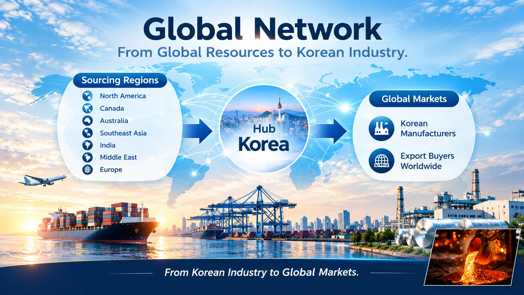 Global Network: sourcing regions (North America, Canada, Australia, Southeast Asia, India, Middle East, Europe) flow through Hub Korea to Korean manufacturers and export buyers worldwide